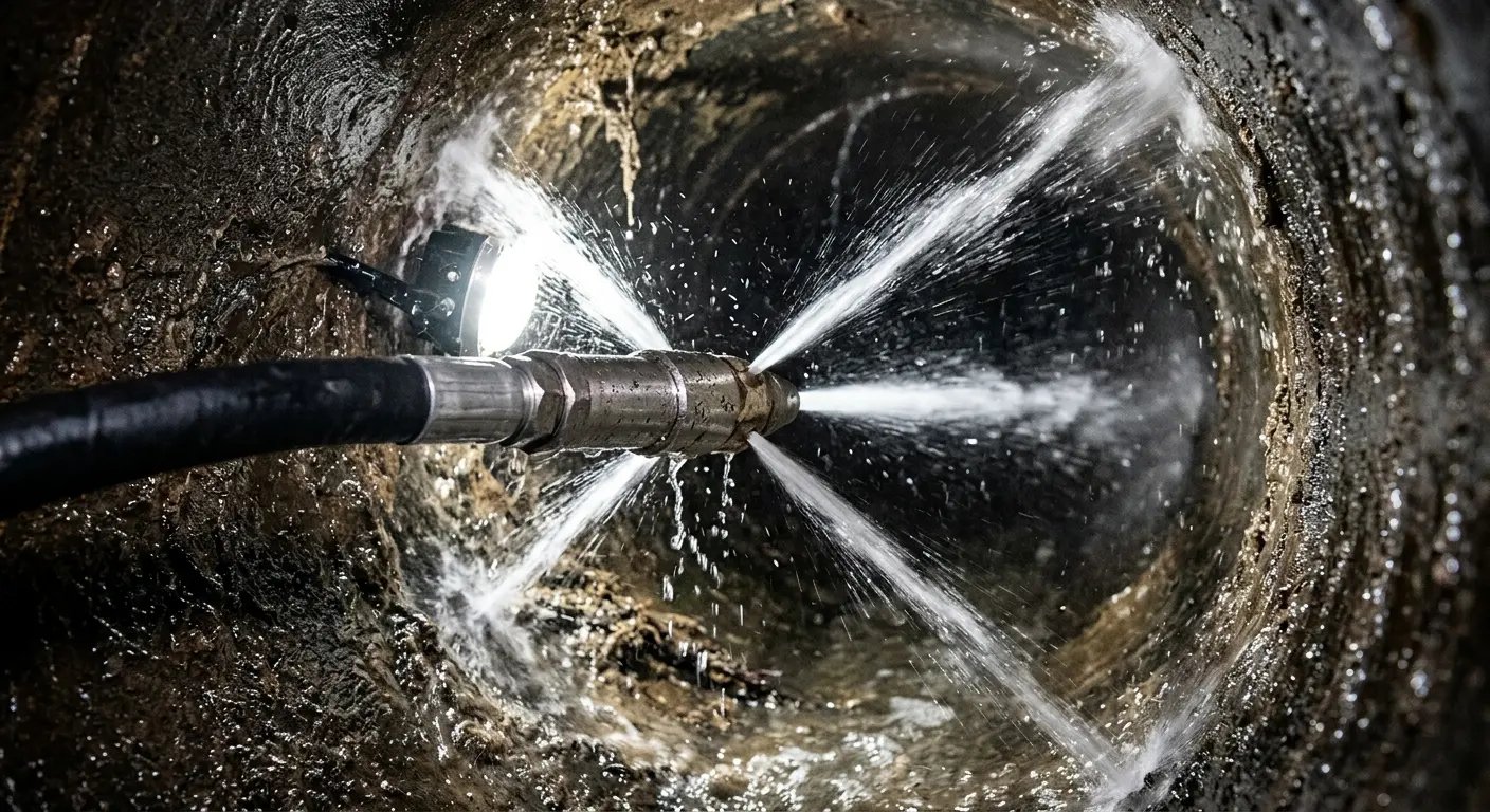 High-pressure hydro jetting nozzle cleaning sewer pipe for Sewer Cleanout in Strasburg