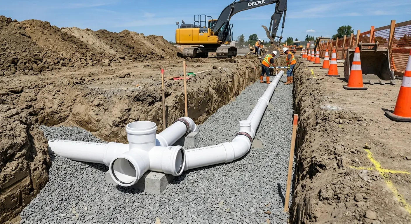 New PVC sewer pipe installation in open trench for Grease Trap Cleaning in Strasburg