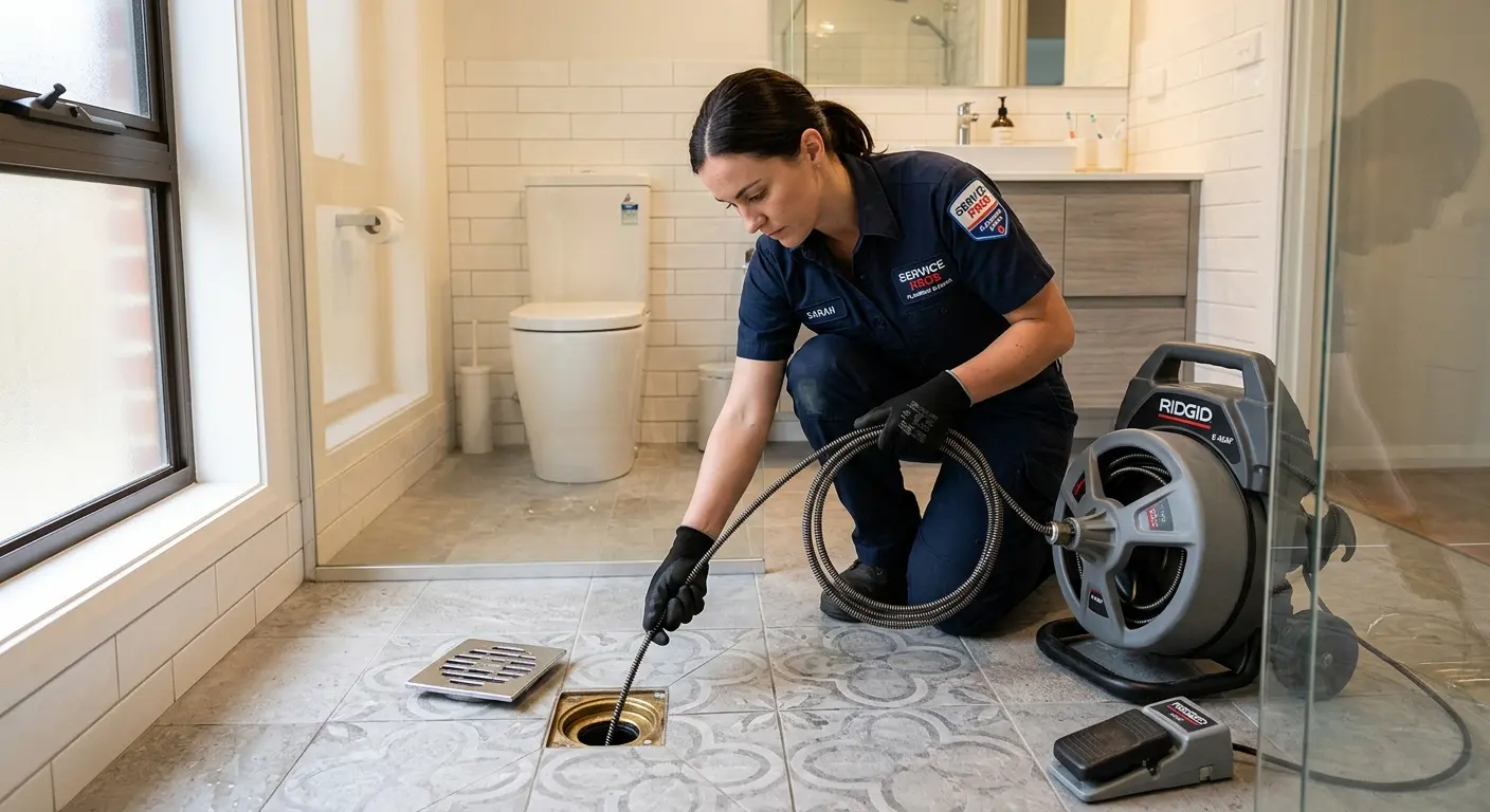 Technician clearing a bathroom floor drain for Hydro Jetting in Strasburg
